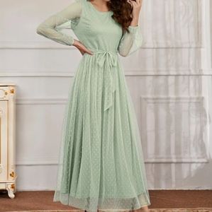 Dobby mesh bishop sleeve belted maxi dress